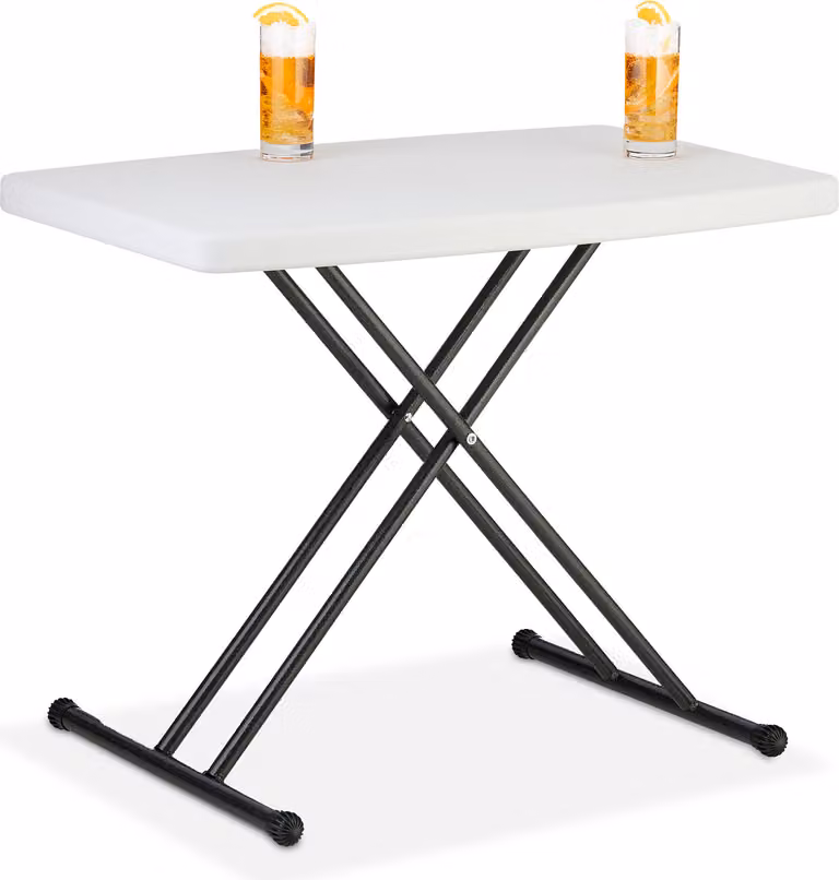 Tavolo da campeggio Relaxdays, pieghevole, LxPxA: 71x78x49 cm, plastica, acciaio, regolabile in altezza, per 2 persone, tavolo da giardino, bianco