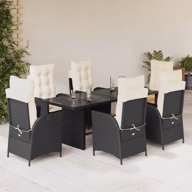 vidaXL Set da Pranzo da Giardino 7 pz in Polyrattan Nero con Cuscini e Tavolo in Vetro