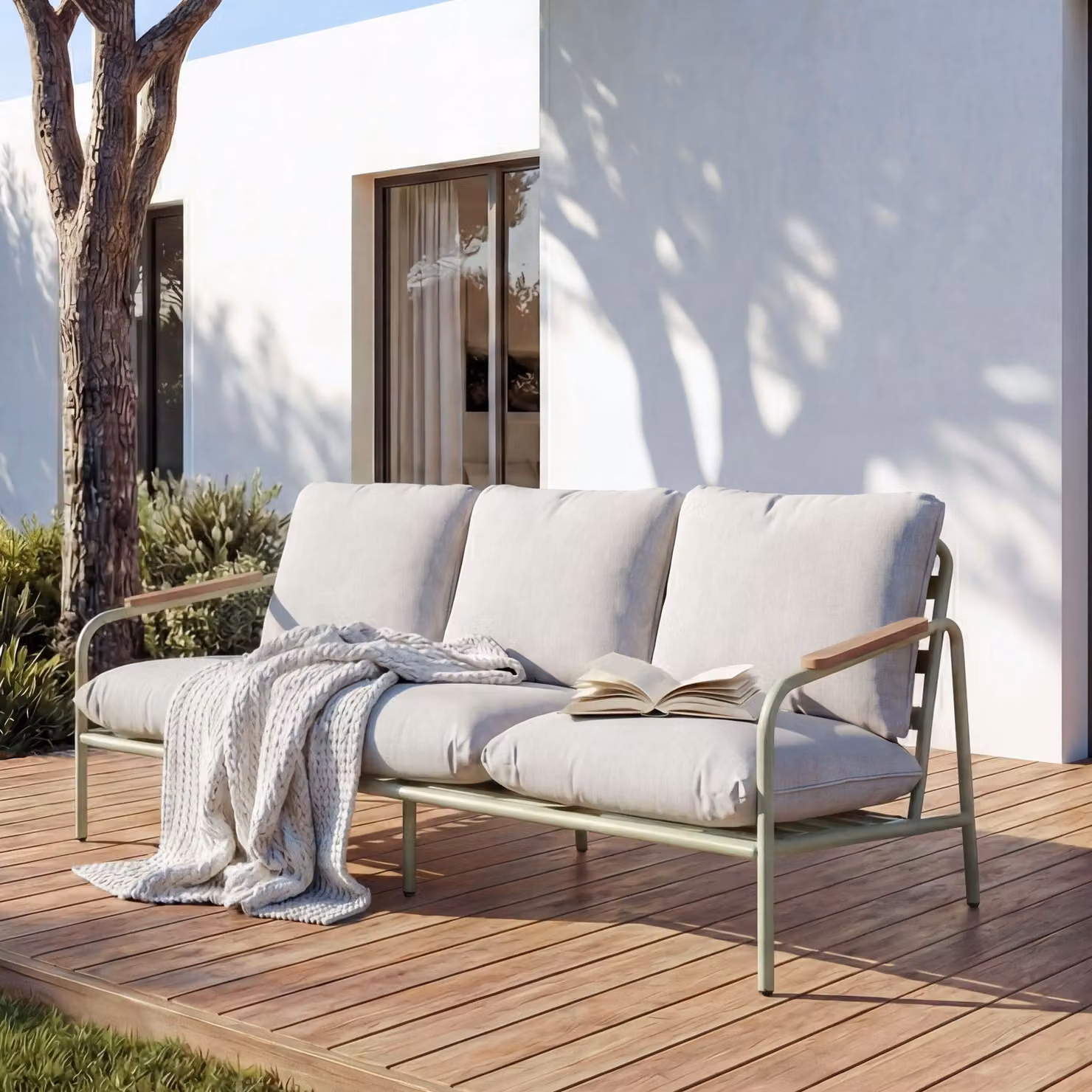 Panca da giardino in alluminio HWC-O11, divano a 3 posti per esterni, tessuto Olefin (205 g/m²) 184cm ~ verde chiaro rivestimento beige
