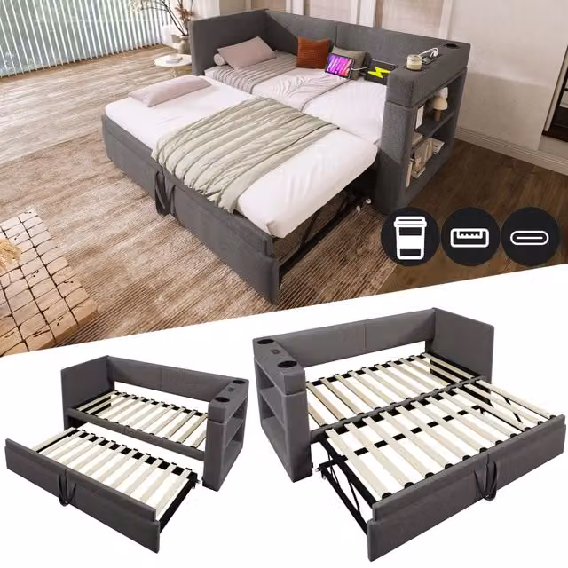 Daybed imbottito KOMHTOM in tessuto grigio per camera da letto o soggiorno L/P/H: 200 x 90 x 74 cm – 1