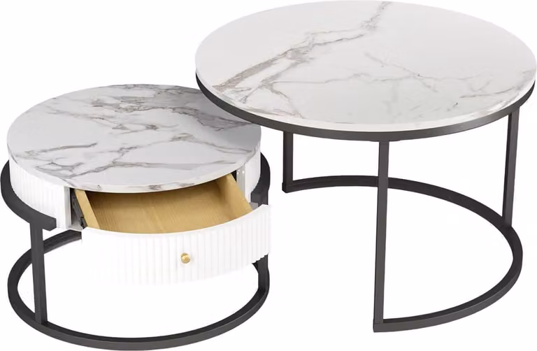 Tavolini moderni in marmo bianco rotondi con cassetto Φ 70 cm & Φ 50 cm