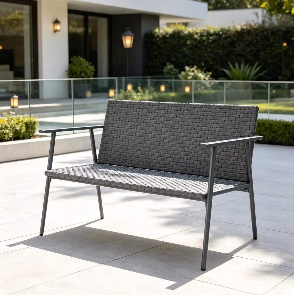 Panchina da giardino moderna MODFU in polyrattan e metallo grigio con braccioli, L: 110 cm – 2
