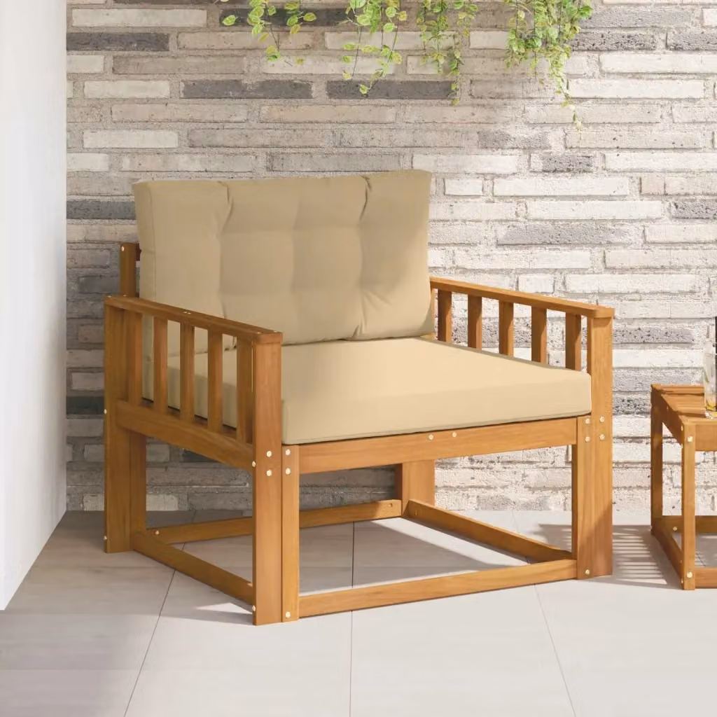 Divano centrale da esterno in legno di acacia naturale con cuscini beige CFW8037260