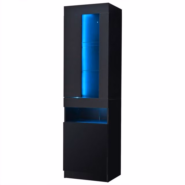 Vetrina Chicfurn moderna con anta in vetro, ripiani interni e illuminazione LED integrata, finitura nera lucida per soggiorno o ufficio, L: 50 cm, P: 40 cm, H: 180 cm – 1