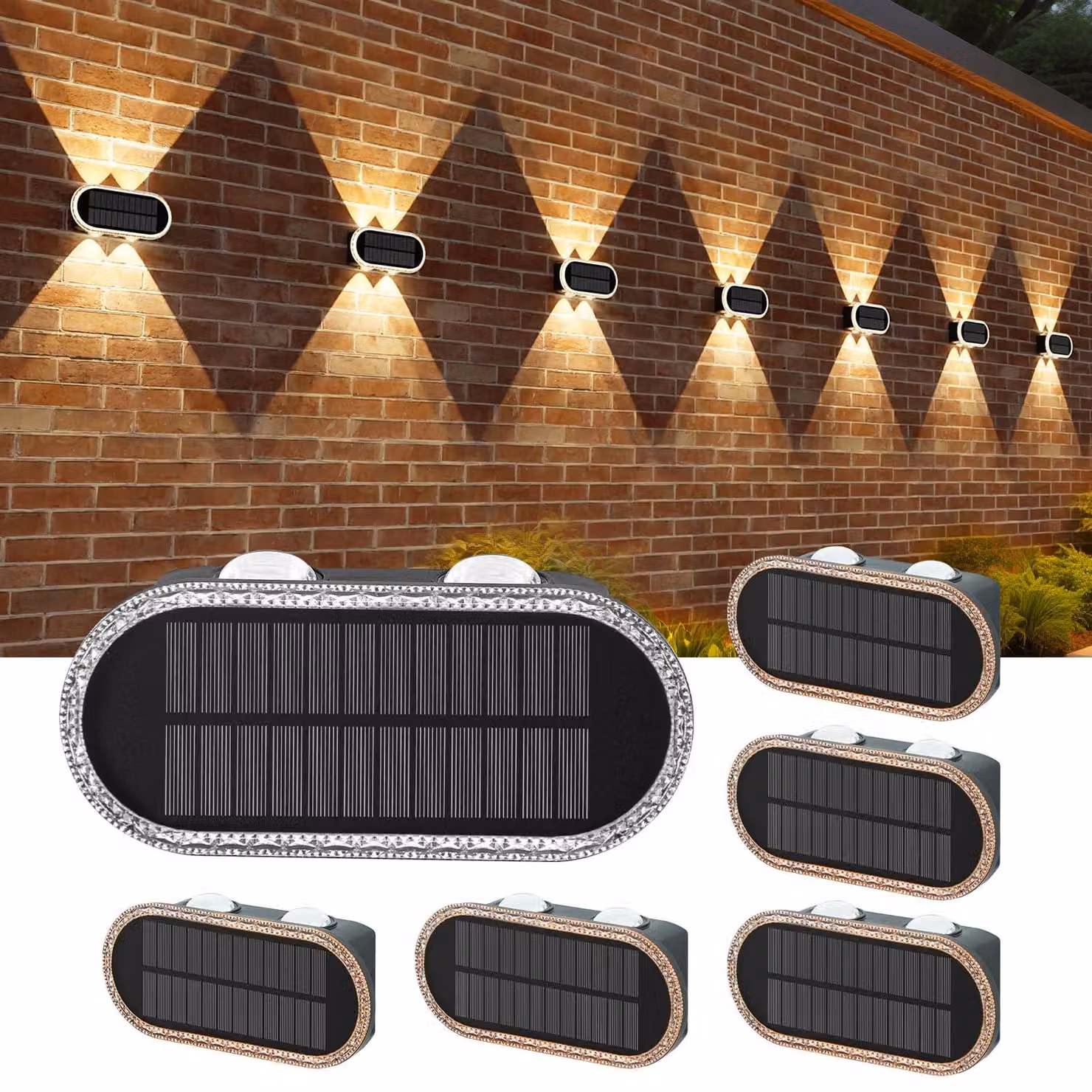 Lampade da parete per esterni, set da 6, design moderno, colore nero, tecnologia LED, alimentazione solare, impermeabili