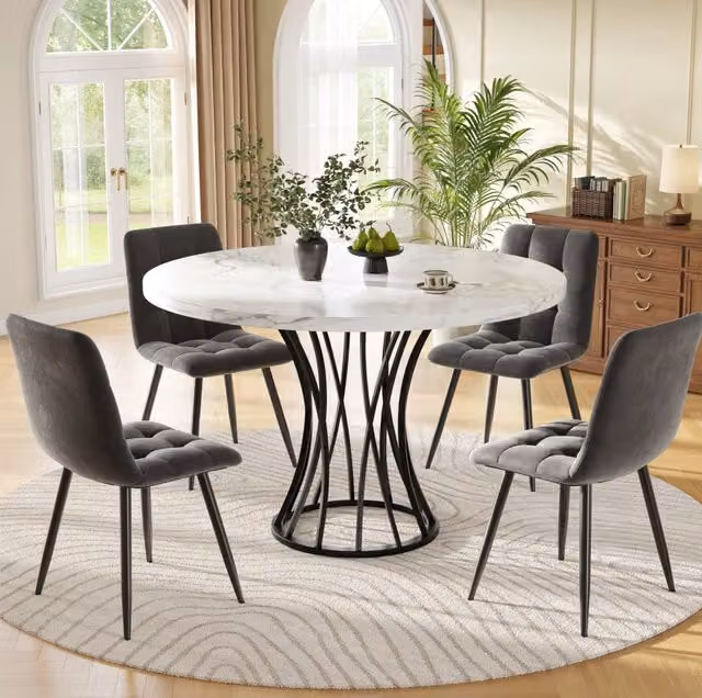 Set tavolo da pranzo con 4 sedie in velluto, MDF e metallo