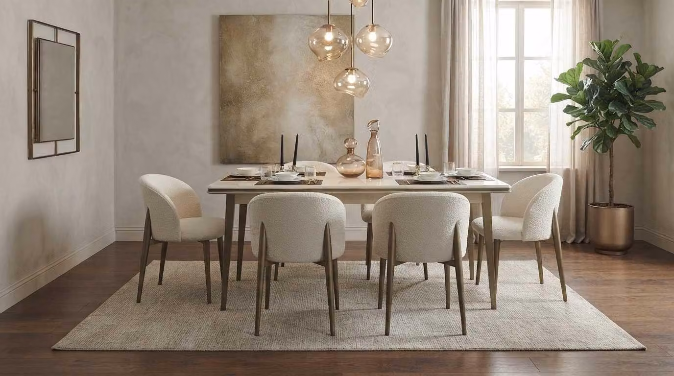 Set da pranzo moderno color beige, composto da un tavolo e 4 sedie