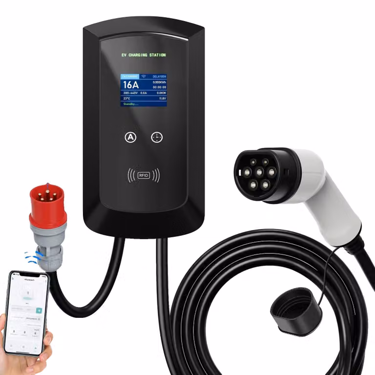 Caricabatterie per veicoli elettrici, potenza 11 kW, controllo Wi-Fi, cavo da 5 m tipo 2, tipo 2