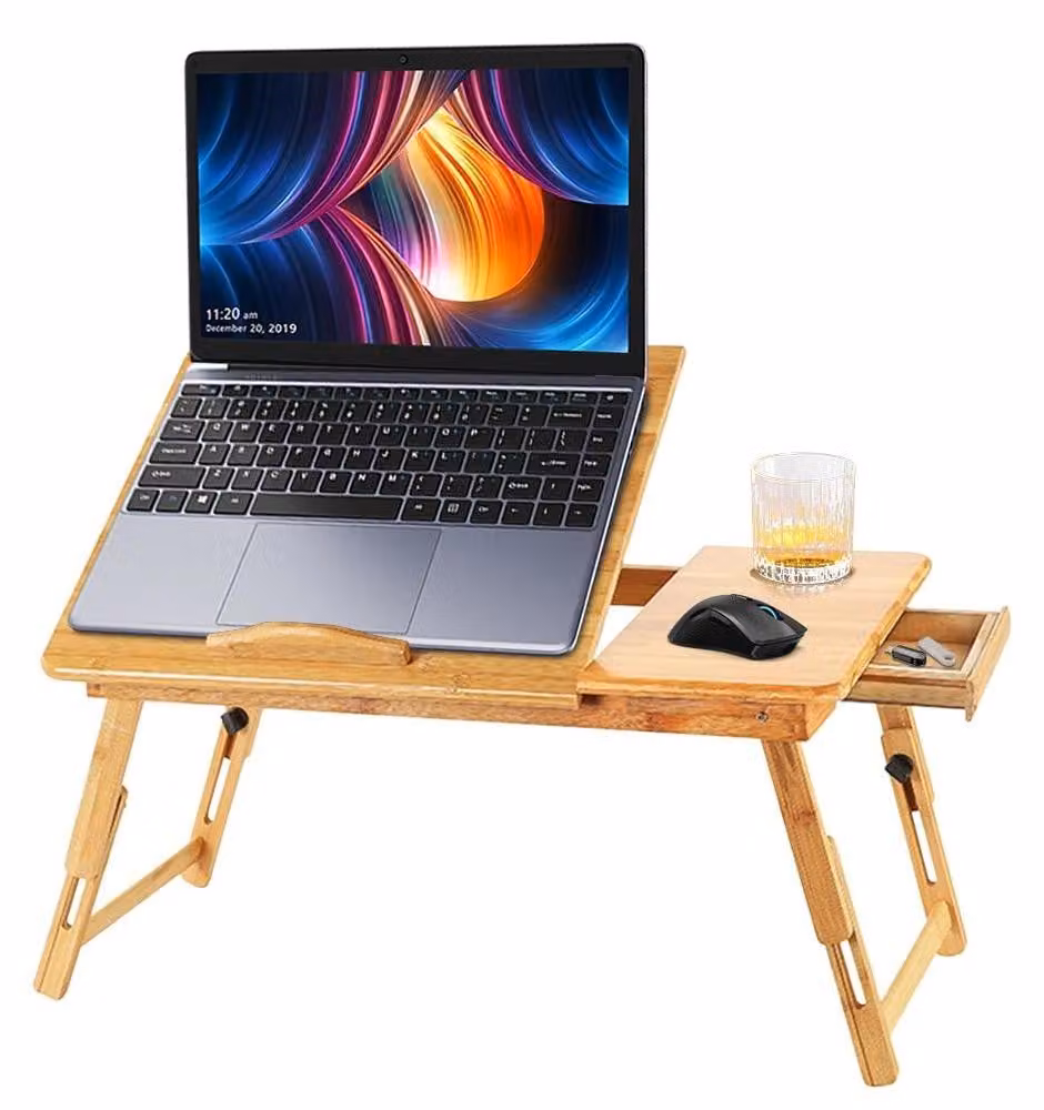 Tavolino per laptop - Tavolino pieghevole regolabile in altezza, ideale per il letto - Realizzato Acciaio al carbonio - Con cassetto e fessure - Vassoio per la colazione - Aspetto in legno