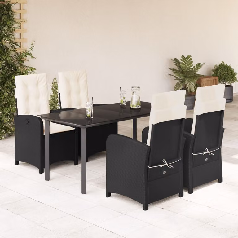 Set da Pranzo da Giardino vidaXL 5 pz in Polyrattan Nero con Cuscini e Tavolo in Vetro