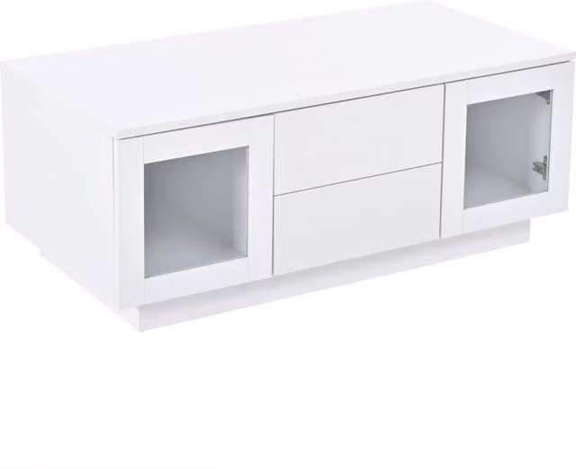 Tavolino da salotto con LED e 2 cassetti, 2 ante a vetro, controllo tramite app e voce, in MDF bianco, 100 × 50 × 40 cm