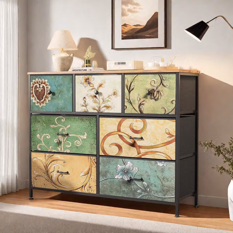 Cassettiera Fortuna Lai con 7 cassetti, toletta con piano in legno e cassetti in tessuto, struttura in metallo