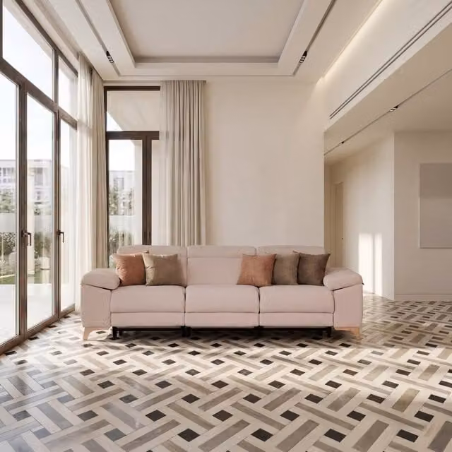 Divano elettrico Mumbai Banak a 4 posti in tessuto beige con ricarica USB e sedute motorizzate