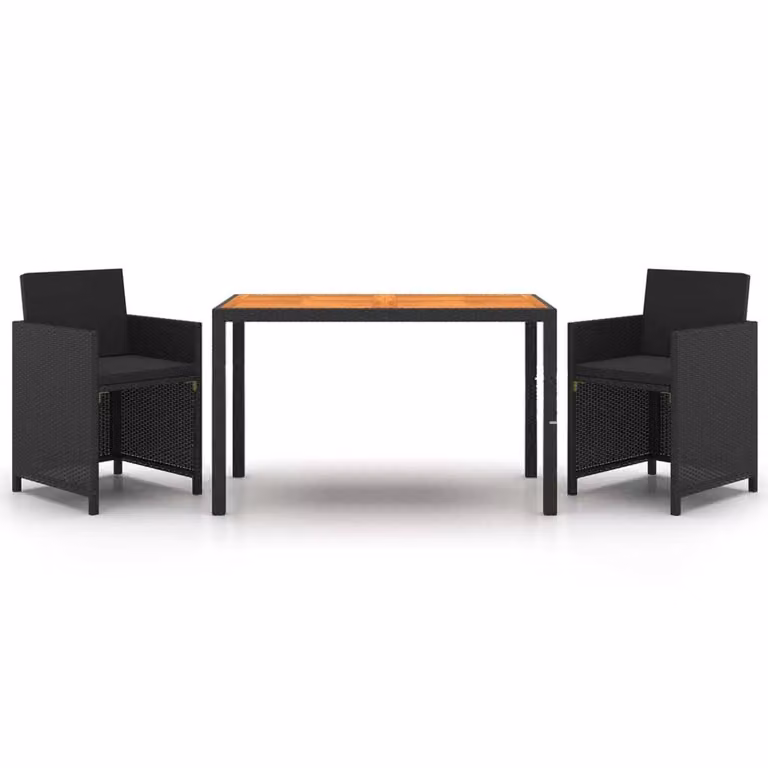 Set da Pranzo da Giardino 3 pz con Cuscini in Polyrattan Nero