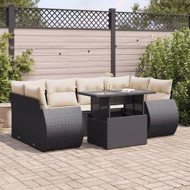 Set Divano da Giardino a L vidaXL con 7 Pezzi, Polyrattan e Cuscini Imbottiti, Nero e Bianco