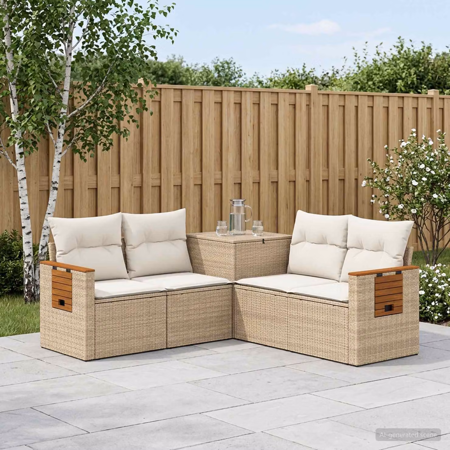 Set di divani da giardino vidaXL in polyrattan beige e bianco crema con cuscini inclusi e struttura in legno di acacia