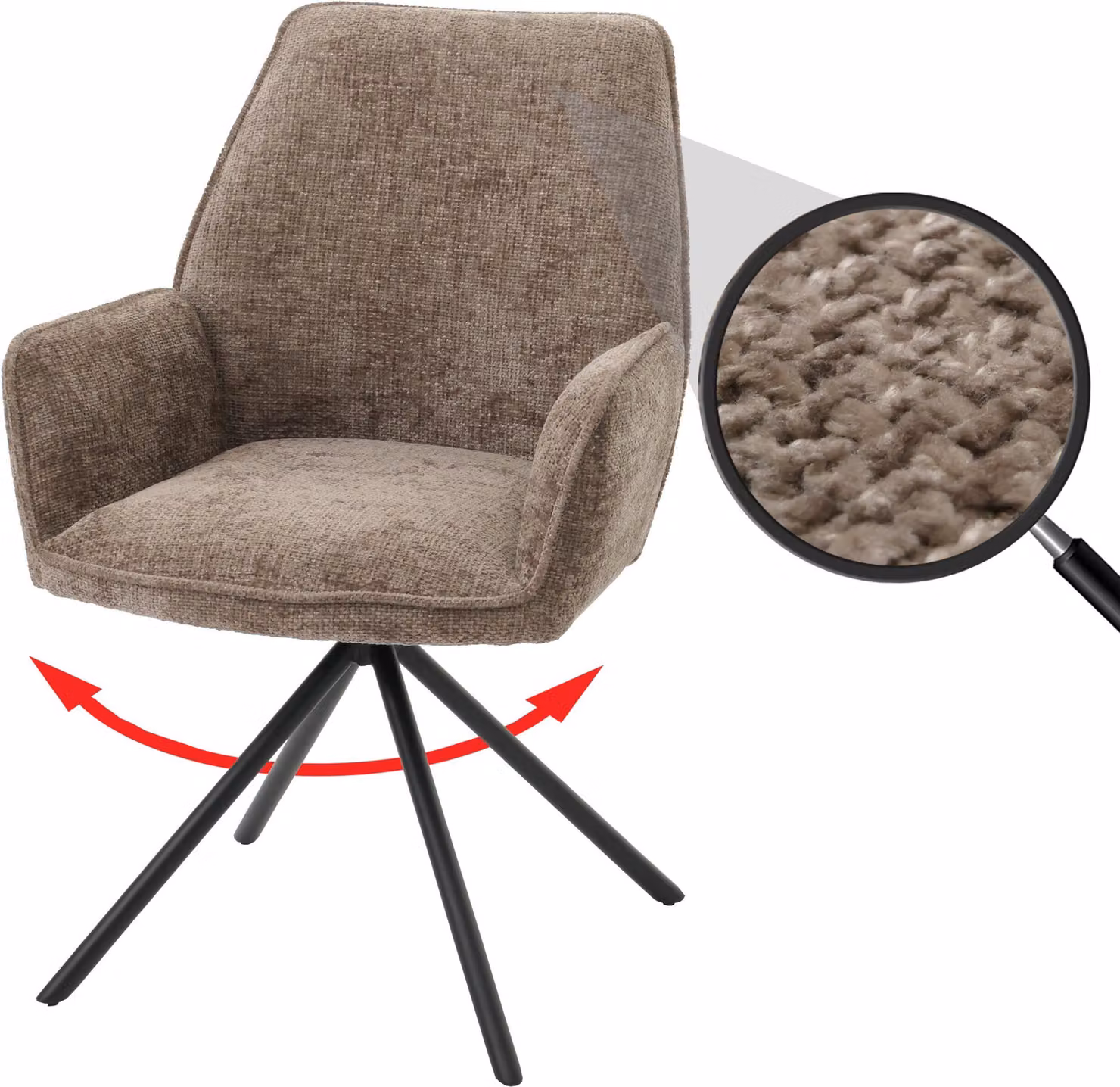 Sedia da pranzo HWC-G67, sedia da cucina, sedia con braccioli, girevole, con sistema di blocco automatico, tessuto chenille MVG, colore marrone
