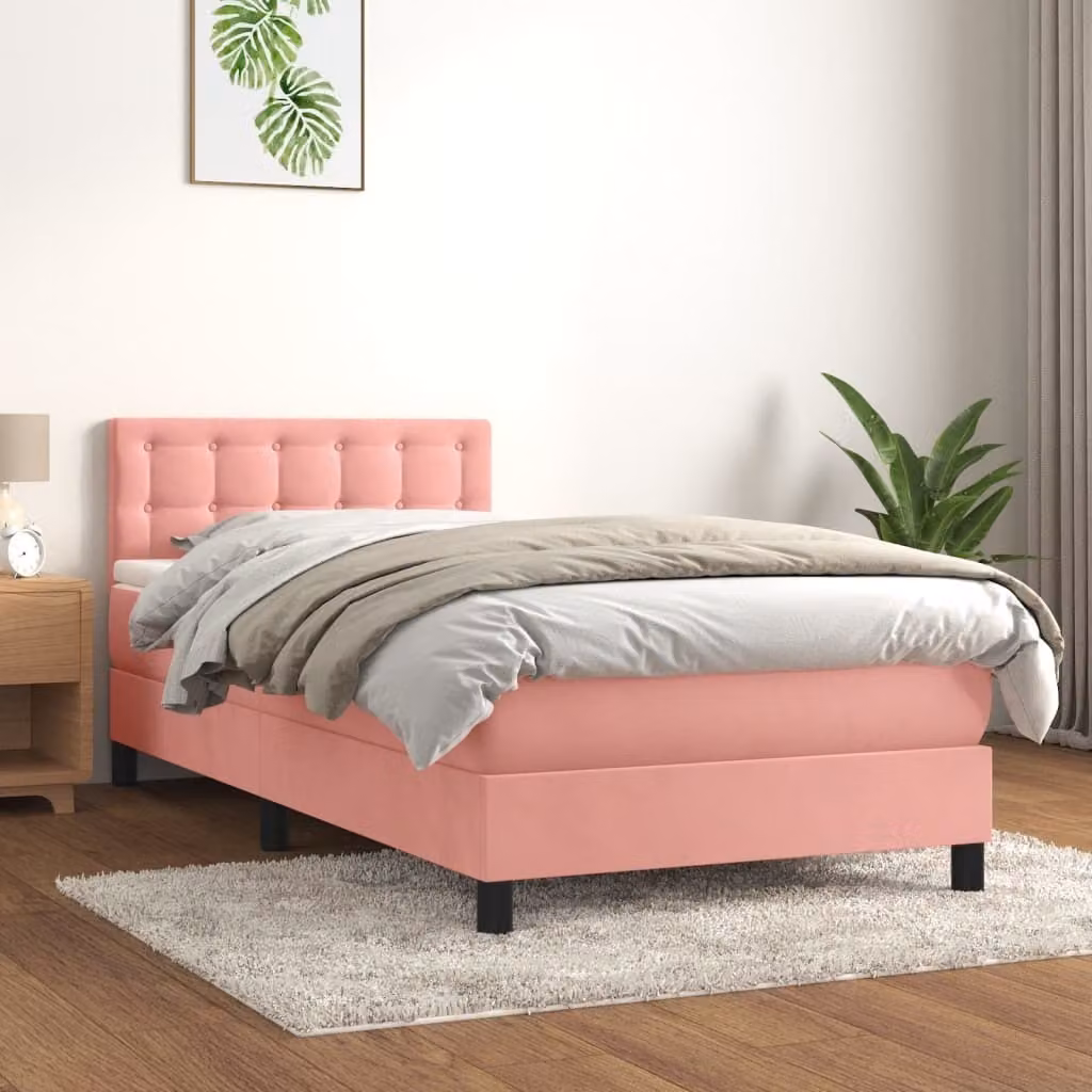 The Living Store Letto a molle con materasso Rosa 100x200 cm Velluto