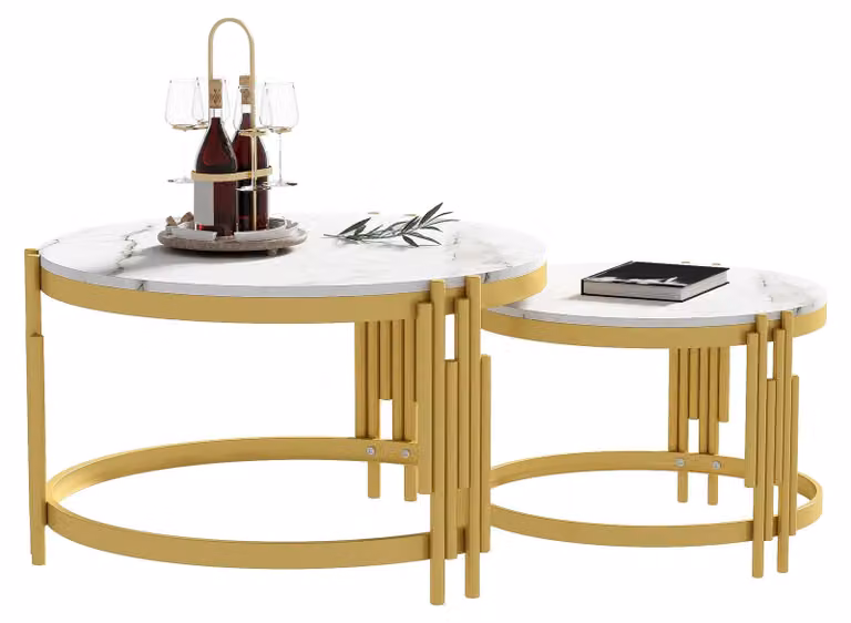 Set di tavolini modulari, effetto marmo, struttura in metallo dorato, forma rotonda