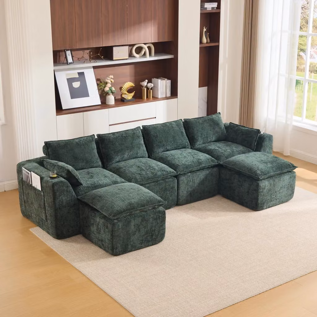 Divano Modulare 4 Posti MINIMAL Verde Scuro con Poggiapiedi, Tessuto Chenille e Portabicchieri, L/P/H: 322 x 161 x 77 cm – 2