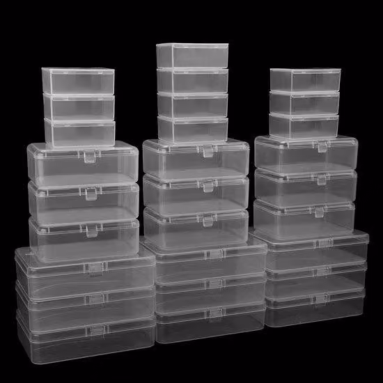Set di 28 contenitori trasparenti con coperchio a scatto, impilabili – 3 dimensioni (5,6 x 4,3 x 2,2 / 9 x 6 x 3 / 11,2 x 8,2 x 2,8 cm), capacità: 30/120/160 ml