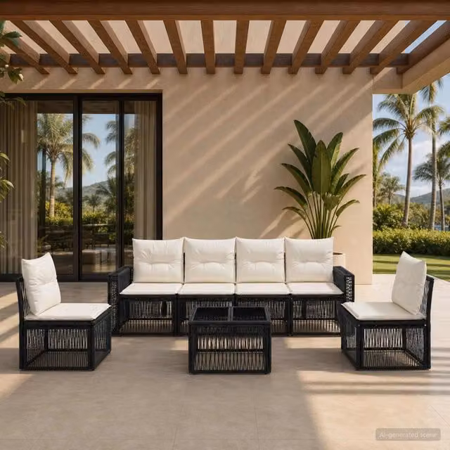 Set Divano da Giardino 7 Pezzi vidaXL in Polyrattan Nero e Bianco Crema con Cuscini e Tavolino da Esterno