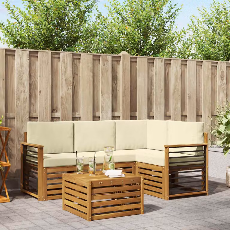 Set di divani da esterno vidaXL 5 pezzi in legno di acacia con cuscini, colore beige e bianco, design moderno a L per giardino e terrazza