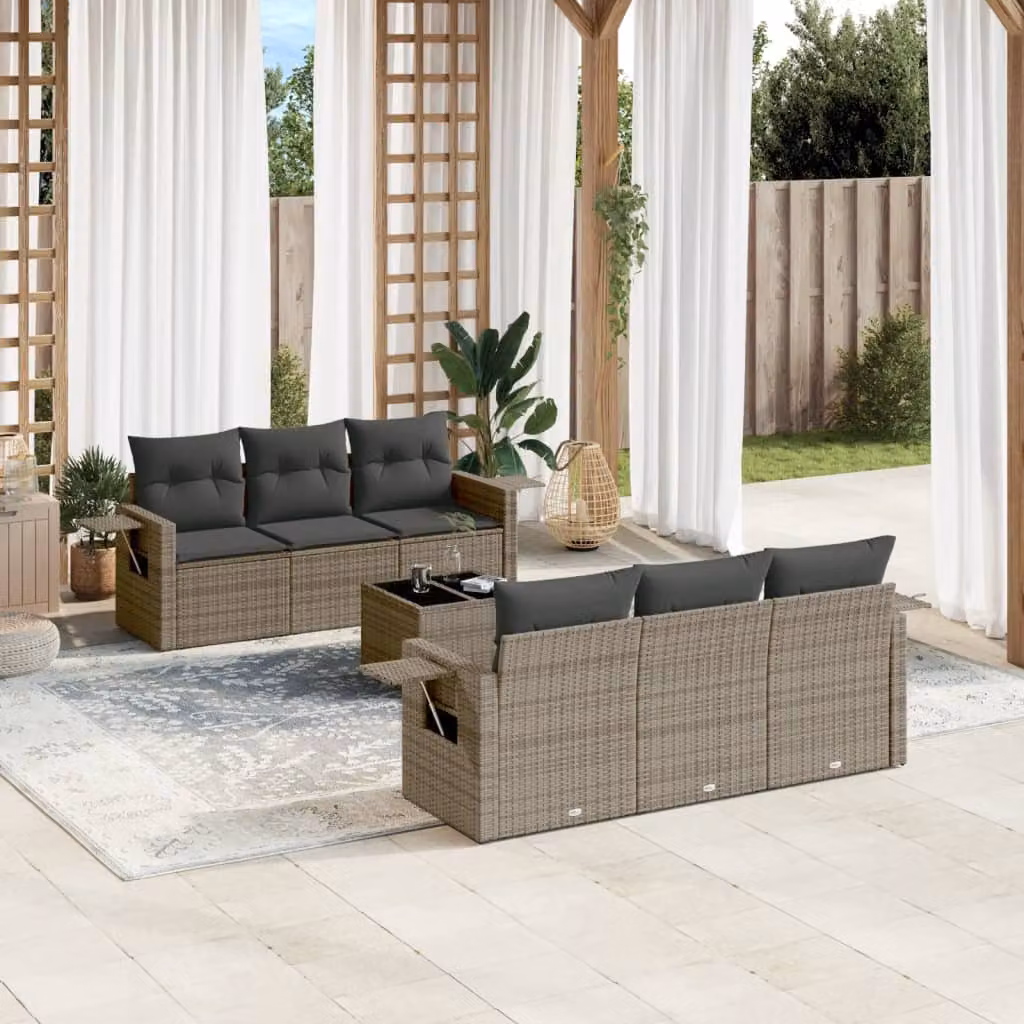 Set di divani da giardino vidaXL in 7 pezzi in polyrattan grigio con cuscini inclusi – 1