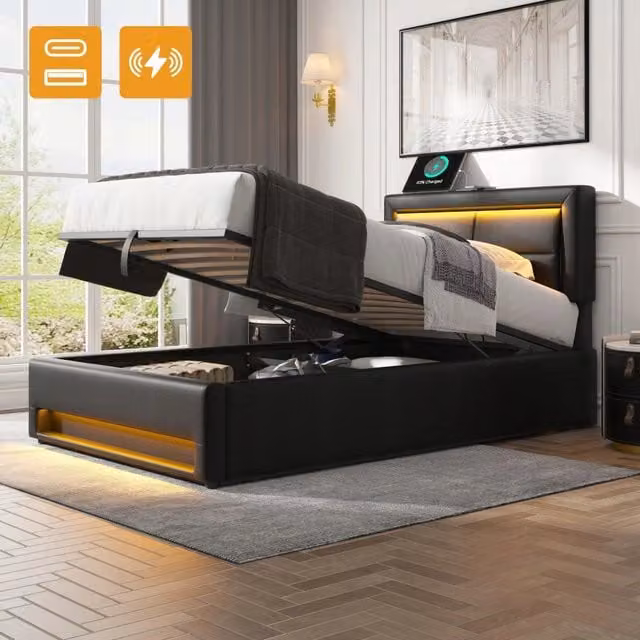Letto singolo 90x200 - Xylo - USB LED in Pelle Nera