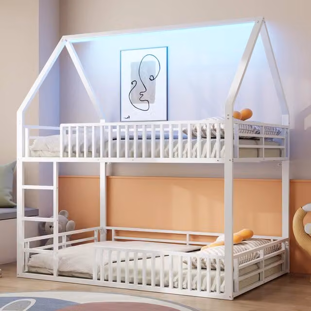 Letto a castello 140x200 con recinzione e luce LED - Zephmum - Bianco