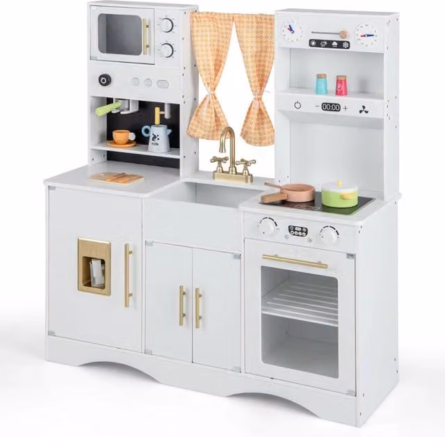 Set da cucina giocattolo in legno Design Mania con microonde e macchina del caffè, colore bianco, L 110 x P 35 x H 102 cm