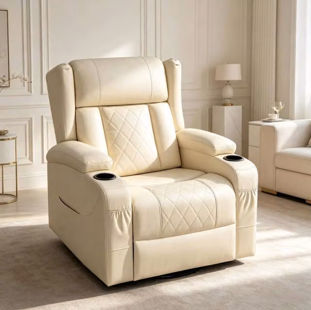 Poltrona relax girevole in PU beige con schienale e poggiapiedi regolabili, 87x94,5x103,5 cm