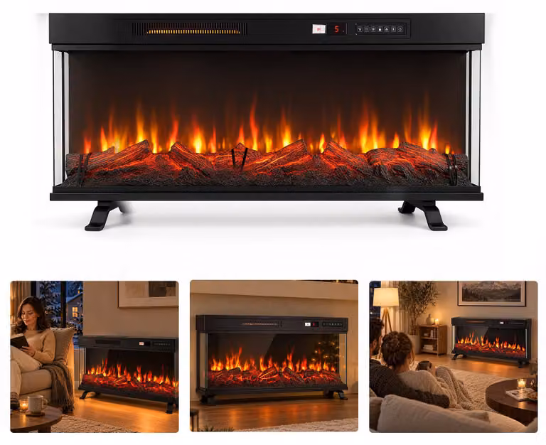 Ikodm, camino elettrico da incasso, 36 pollici, 1800 W, con controllo tramite app Wi-Fi, colore nero