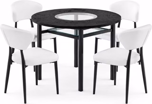 Set tavolo e sedie con tavolo rotondo e 4 sedie con schienale curvo, ripiano in vetro, MDF, metallo e PU nero e bianco