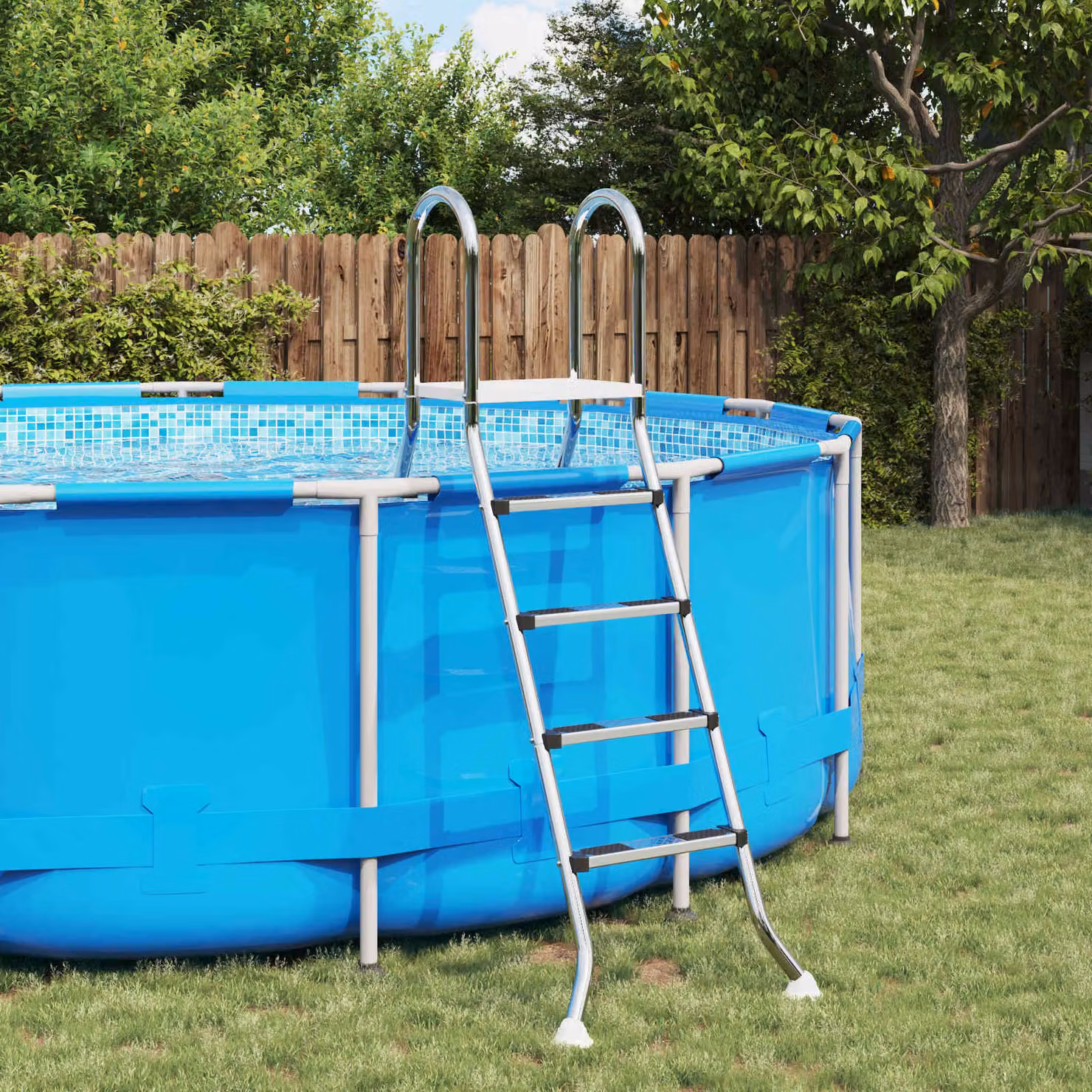 vidaXL Scala per piscina fuori terra a 4 gradini in acciaio inossidabile e plastica, Blu/Argento, L: 195 cm x P: 150 cm