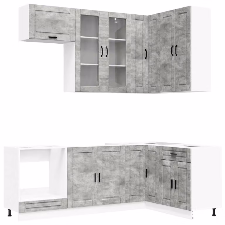 Set cucina PORTO, 8 pezzi, grigio cemento, legno ingegnerizzato