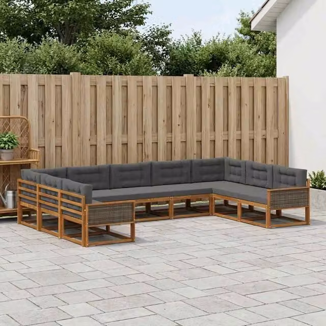 Set di divani da esterno a L vidaXL in legno di acacia con cuscini, beige e antracite, 9 pezzi