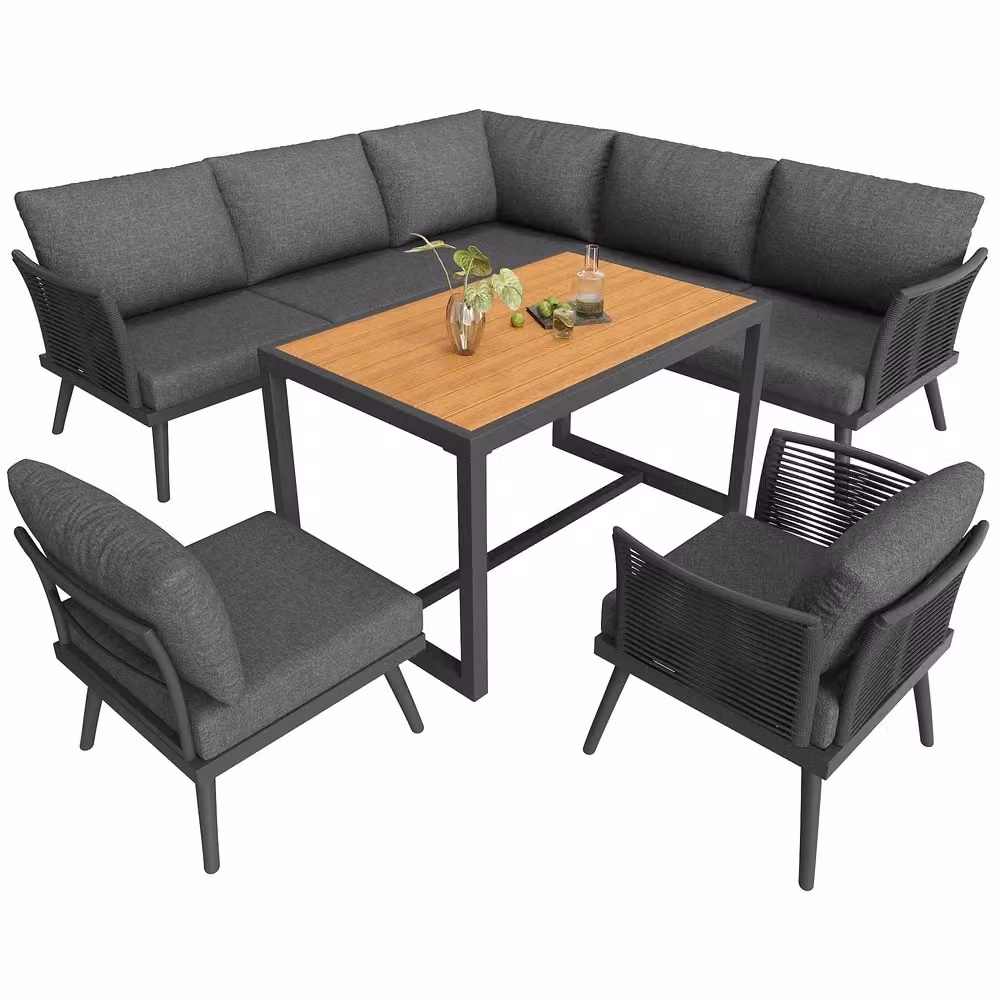 Set divano angolare da giardino Minimal per 7 persone in polyrattan grigio e beige con tavolino in legno e cuscini inclusi – 2