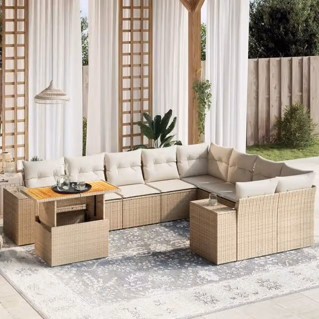 Set Divano da Giardino VIDAXL in Polyrattan con 10 Cuscini Beige Moderno