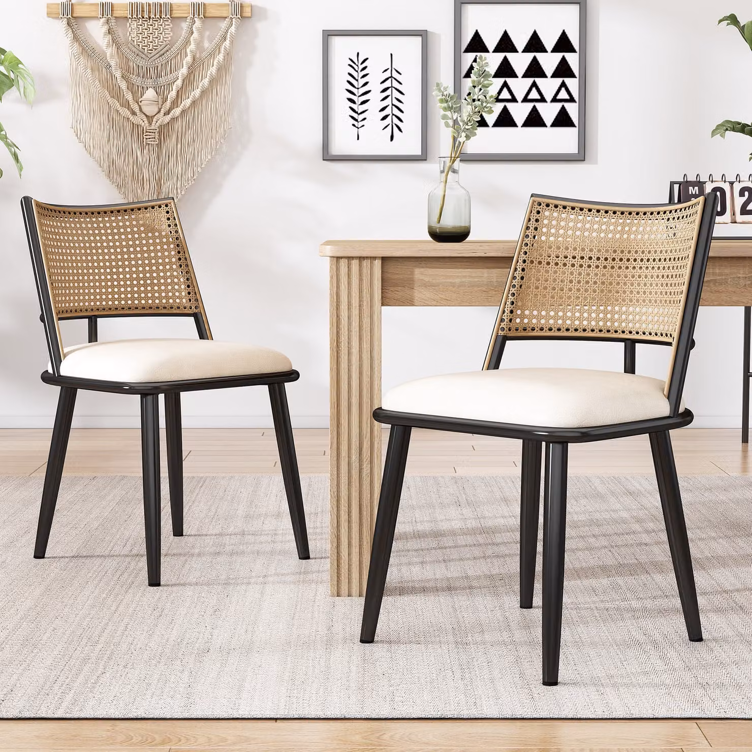 MODFU: Sedia da pranzo imbottita (2 pezzi) con gambe in legno, poltrona per il soggiorno, sedia da cucina con schienale in rattan, tavolo, sedia da pranzo/cucina per il soggiorno, colore nero