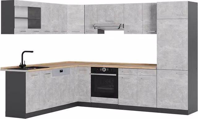 Cucina angolare moderna R-Line Vicco in finitura Calcestruzzo e Antracite con dettagli Rovere, L: 287 cm x P: 227 cm