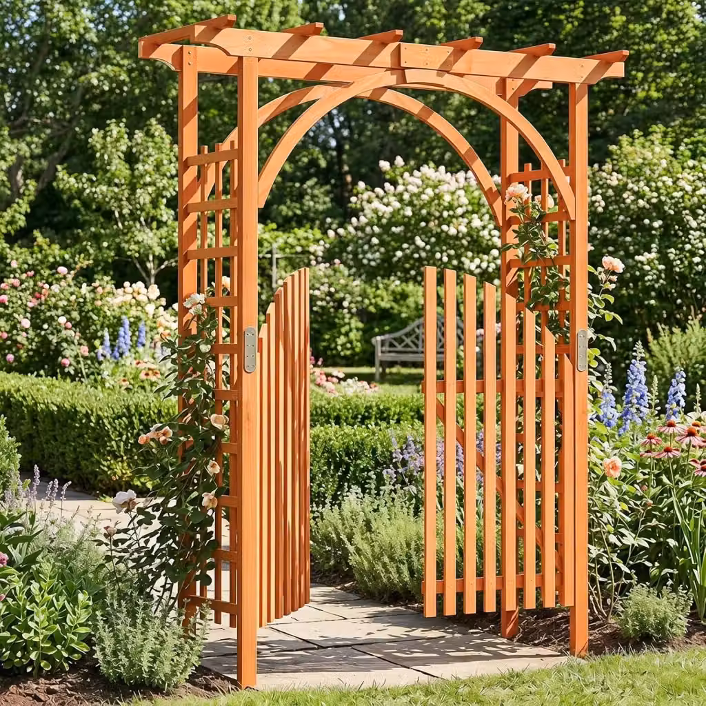 Arco da Giardino Costway in Legno di Abete Marrone e Arancione con Cancello e Serratura, Pergola per Piante Rampicanti L: 161 cm, P: 60 cm, H: 216 cm – 2