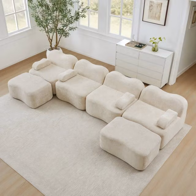 Divano modulare a U 384x167x70 cm in velluto beige con 2 ottomani, per soggiorni piccoli –