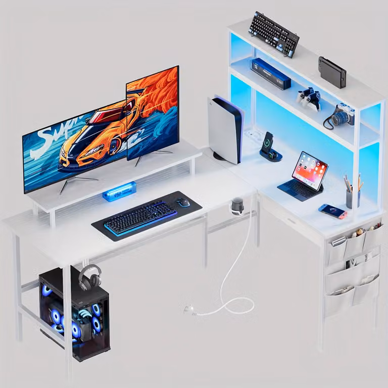 Scrivania ergonomica per computer - Scrivania a forma di L - Tavolo da gaming - Scrivania angolare - Arredamento per ufficio - Con supporto per monitor