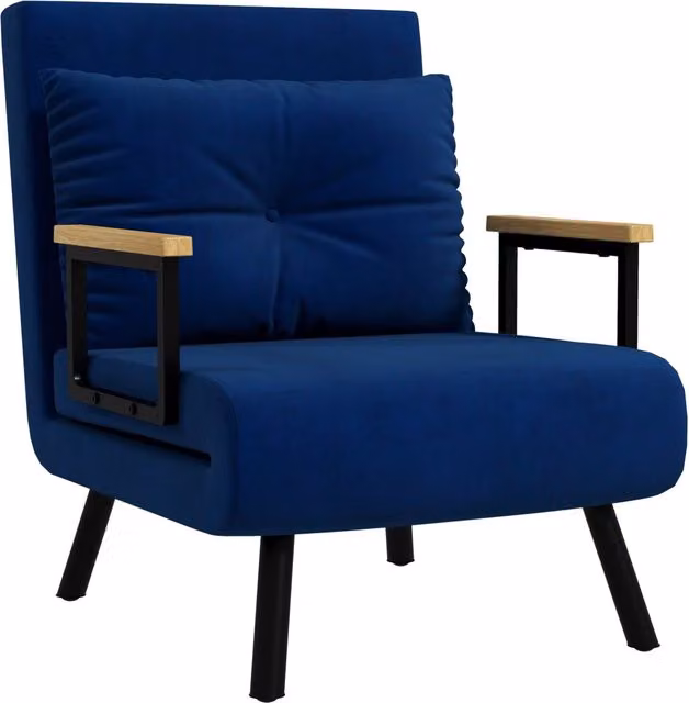 Poltrona Letto Singolo Reclinabile con Cuscino Sfoderabile in Tessuto Effetto Lino Blu