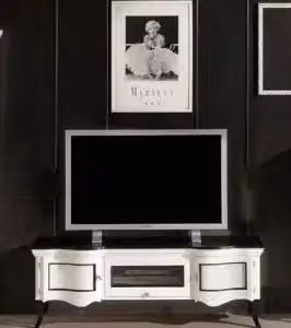 Porta TV Le Dune KIVIO in stile Shabby Chic bianco e nero con 2 ante e ribalta centrale L: 145 cm, P: 50 cm, H: 53 cm