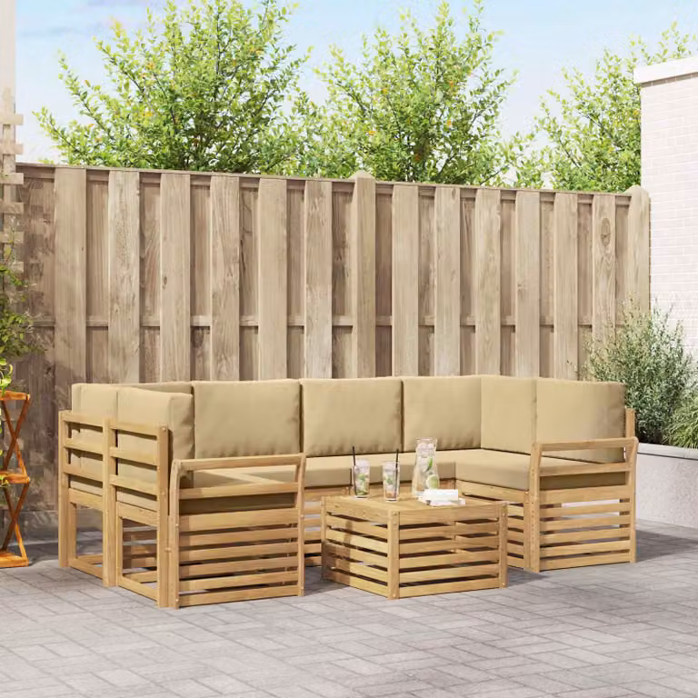 Set di divani da esterno vidaXL 7 pz in legno di acacia con cuscini bianchi e beige