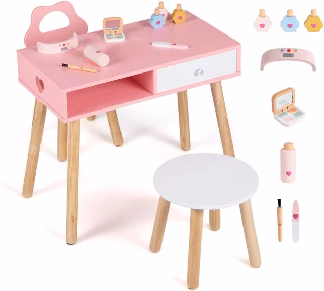 Set 2 in 1 tavolo manicure e scrivania per bambini con 2 sedie, mobile in legno e MDF con cassetto e scomparto, colore rosa e bianco – 1