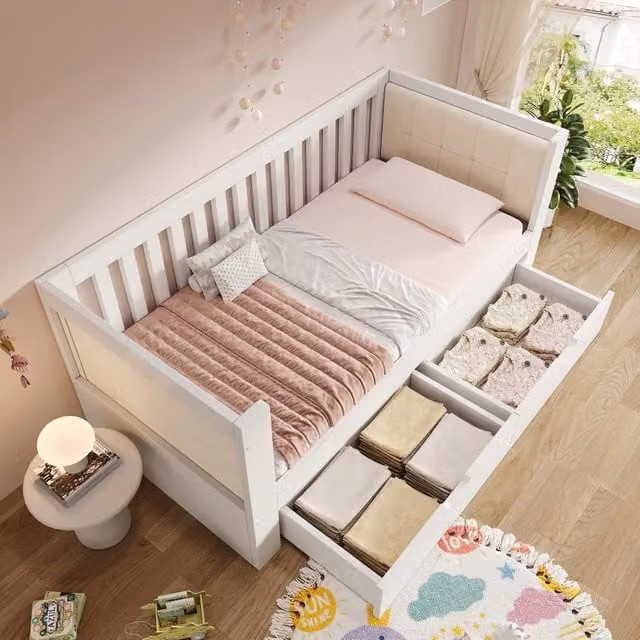 Letto singolo moderno WISHDOR in legno di pino laccato bianco con cassetti L/P/H: 208 x 90 x 95 cm