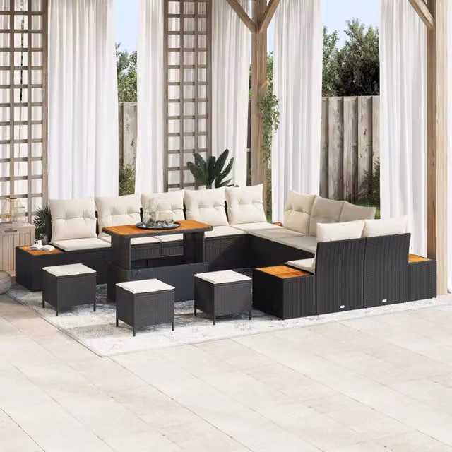 Set Divano da Giardino Moderno vidaXL in Rattan e Legno di Acacia, 14 Posti, Nero e Beige